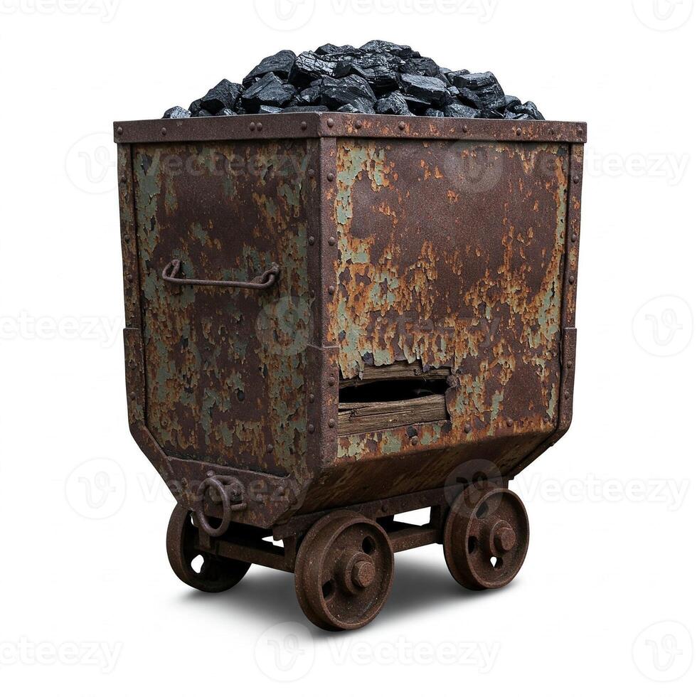A rusty old coal cart with coal on it photo