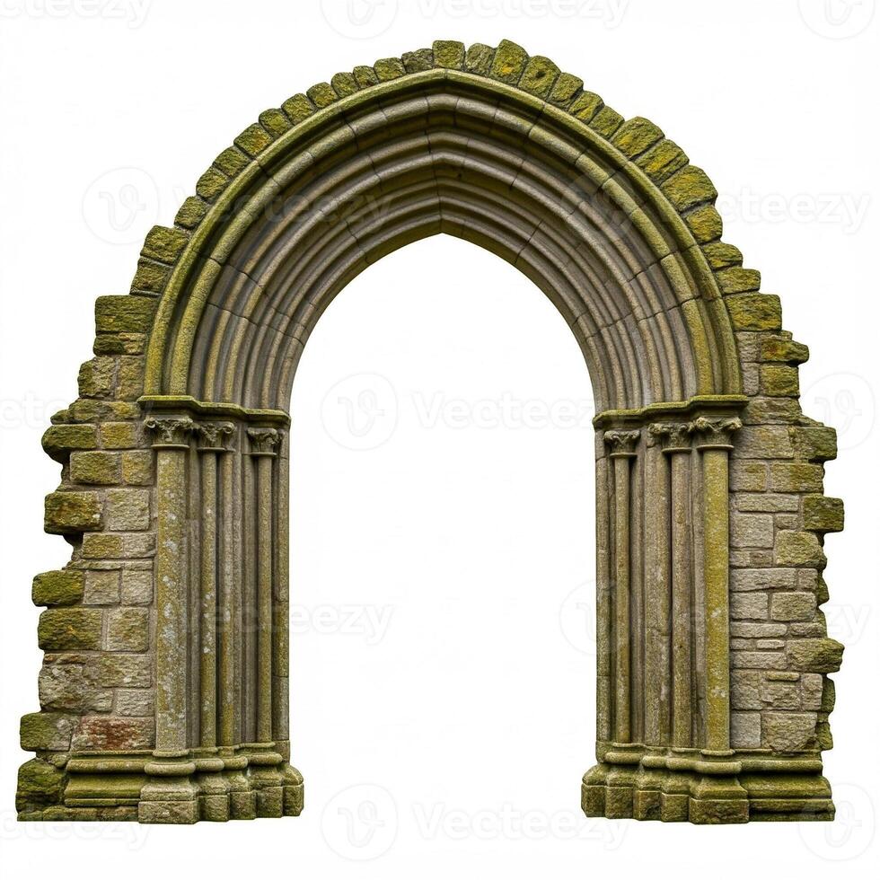An archway in a stone building with a white background photo