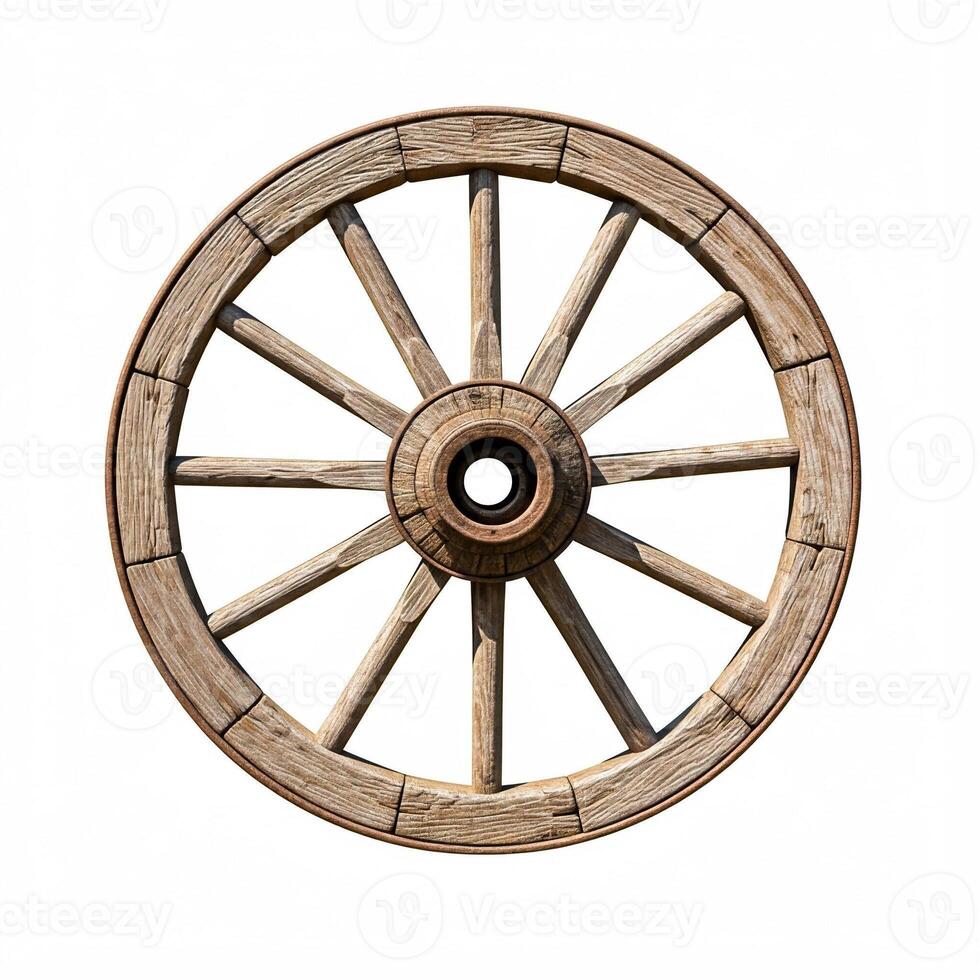 A wooden wagon wheel is shown on a white background photo