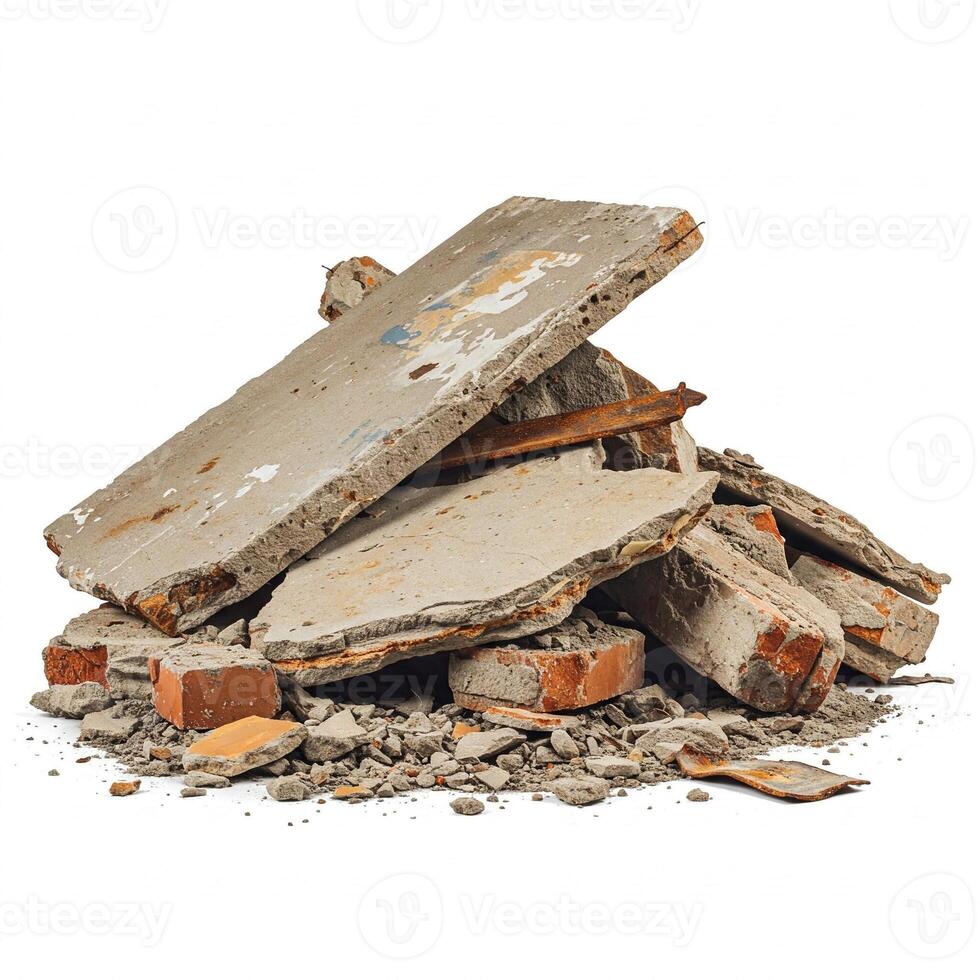 A pile of rubble and bricks on a white background photo