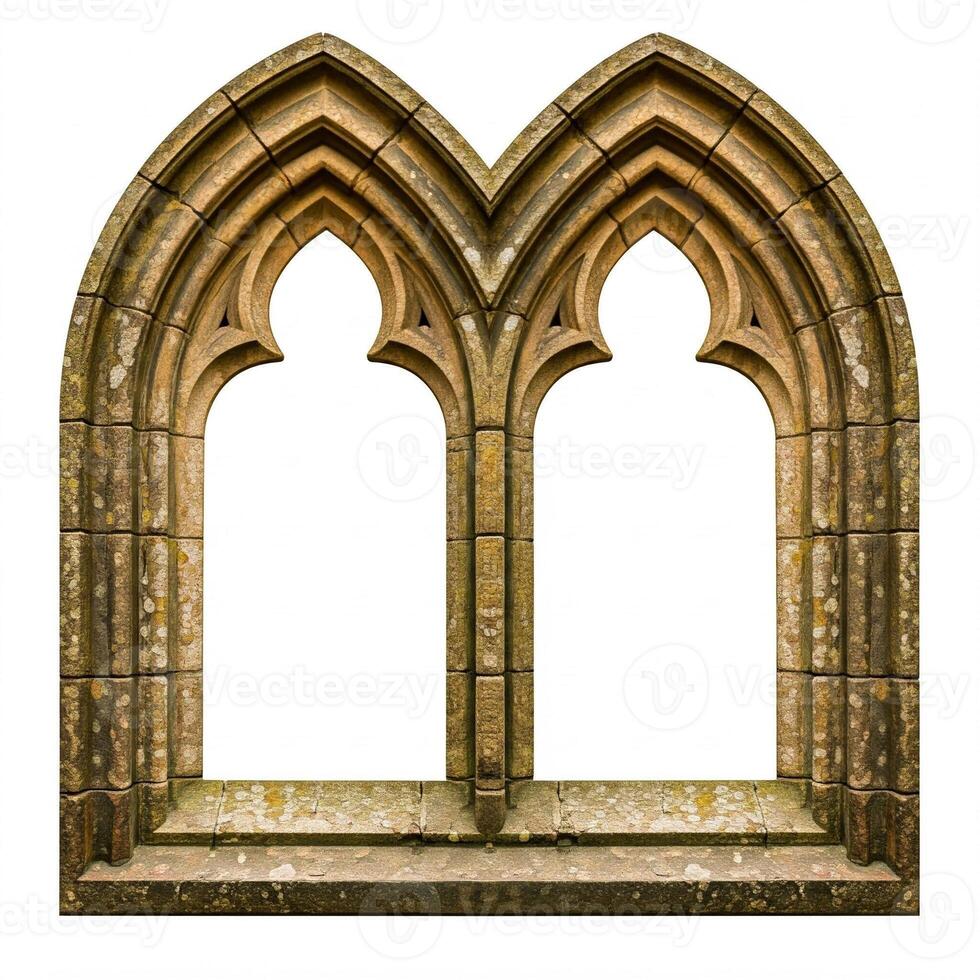 An old window with two arches on it photo