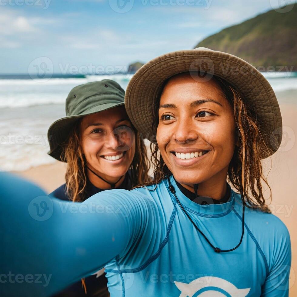 Two women in wetsuits and hats taking a selfie photo