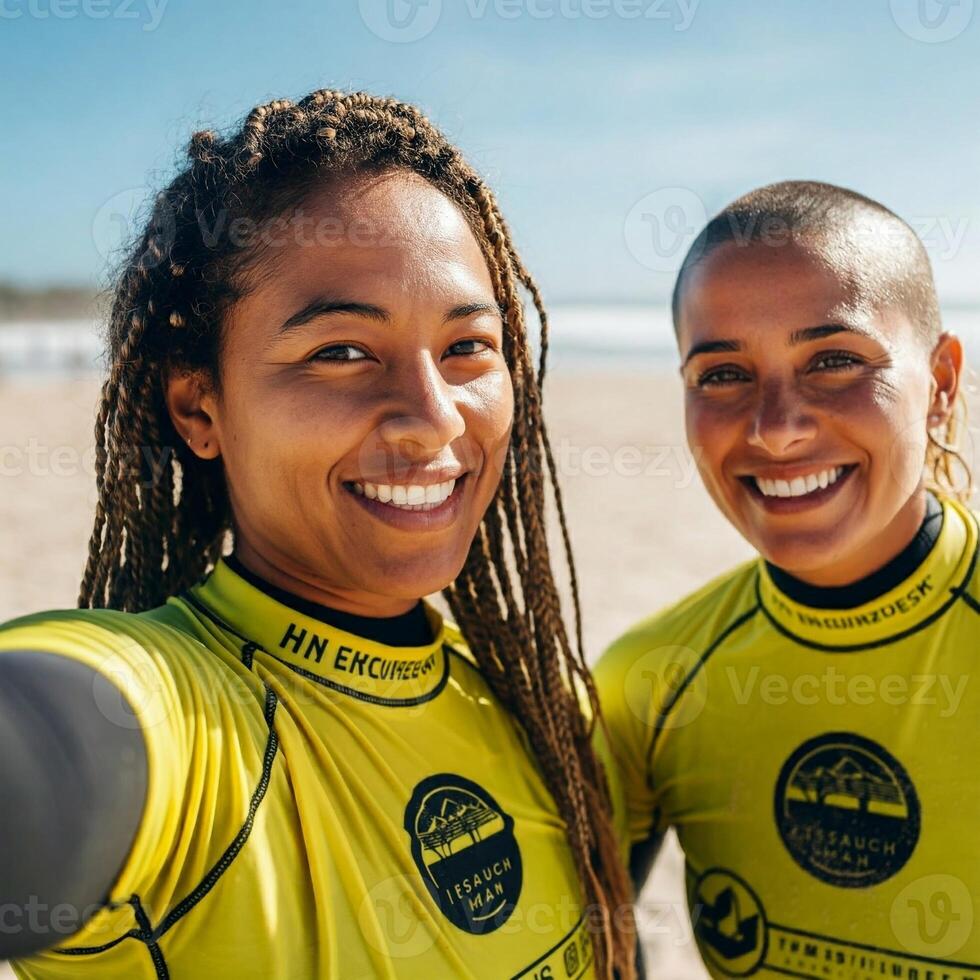 Two women in yellow shirts on the beach photo
