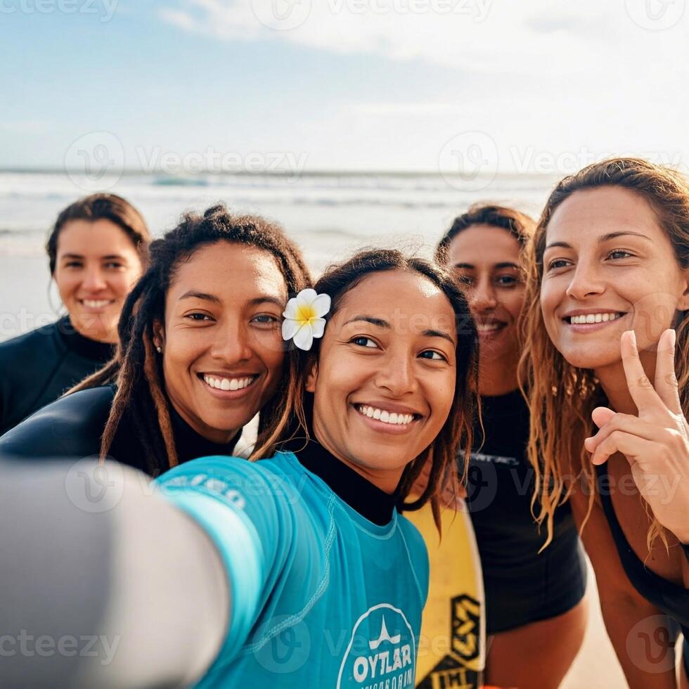 A group of women taking a selfie on the beach photo