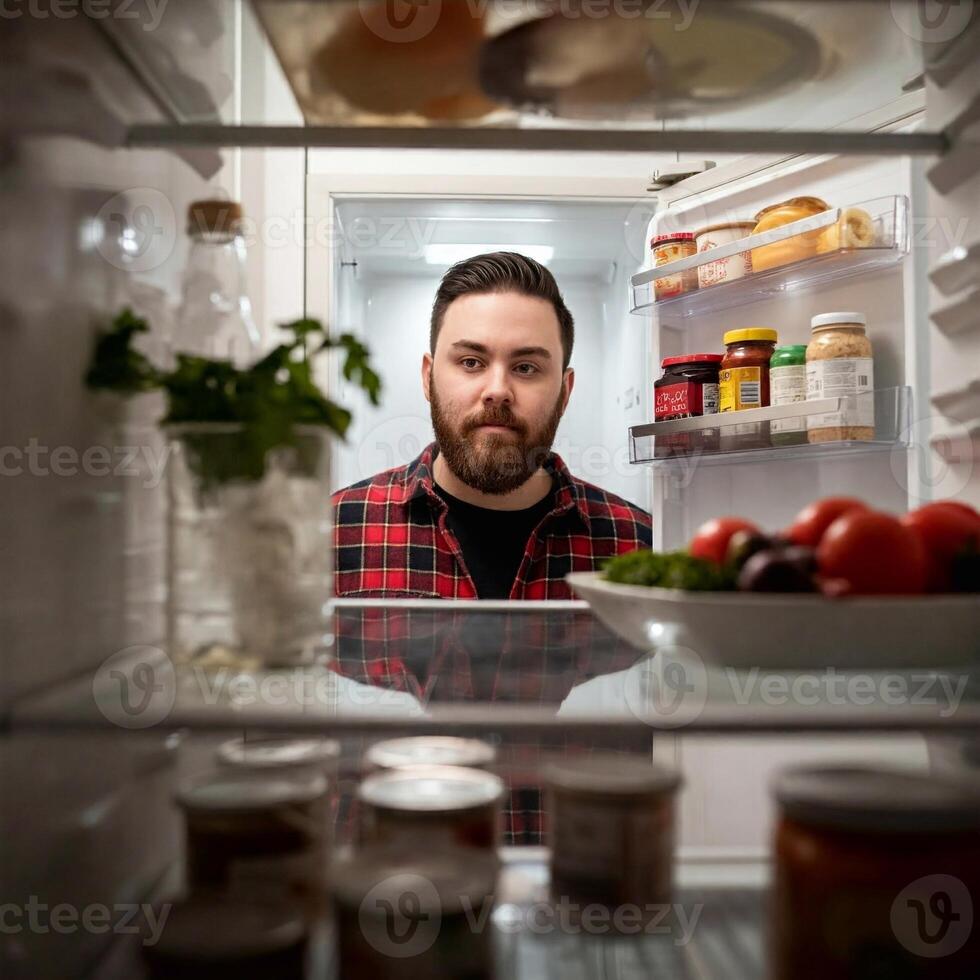A man with a beard standing in front of an open refrigerator photo