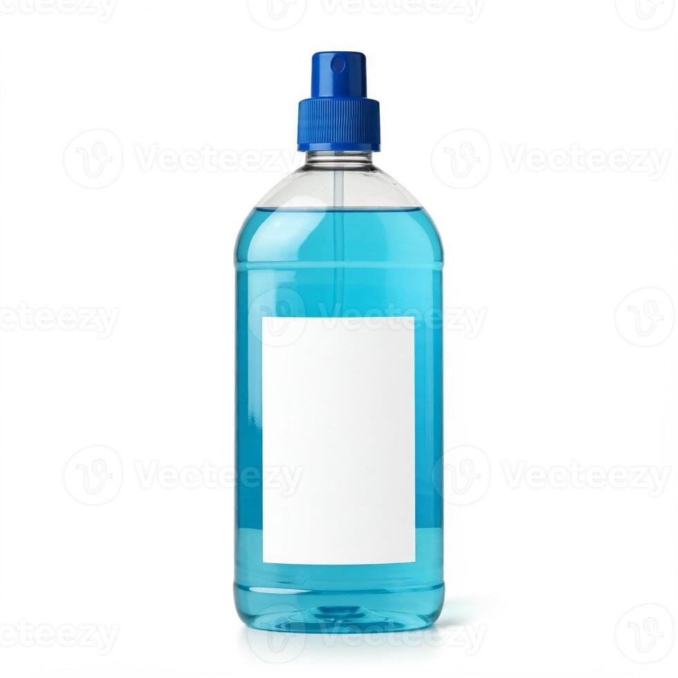 Blue liquid bottle with white label on a white background photo