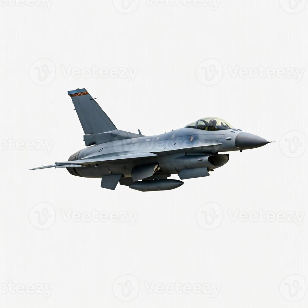 A fighter jet flying in the sky with a white background photo