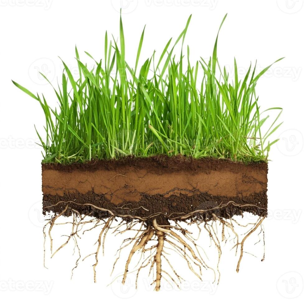 A grass root is shown with soil and soil photo