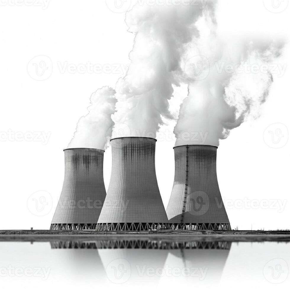 Three cooling towers with smoke coming out of them photo