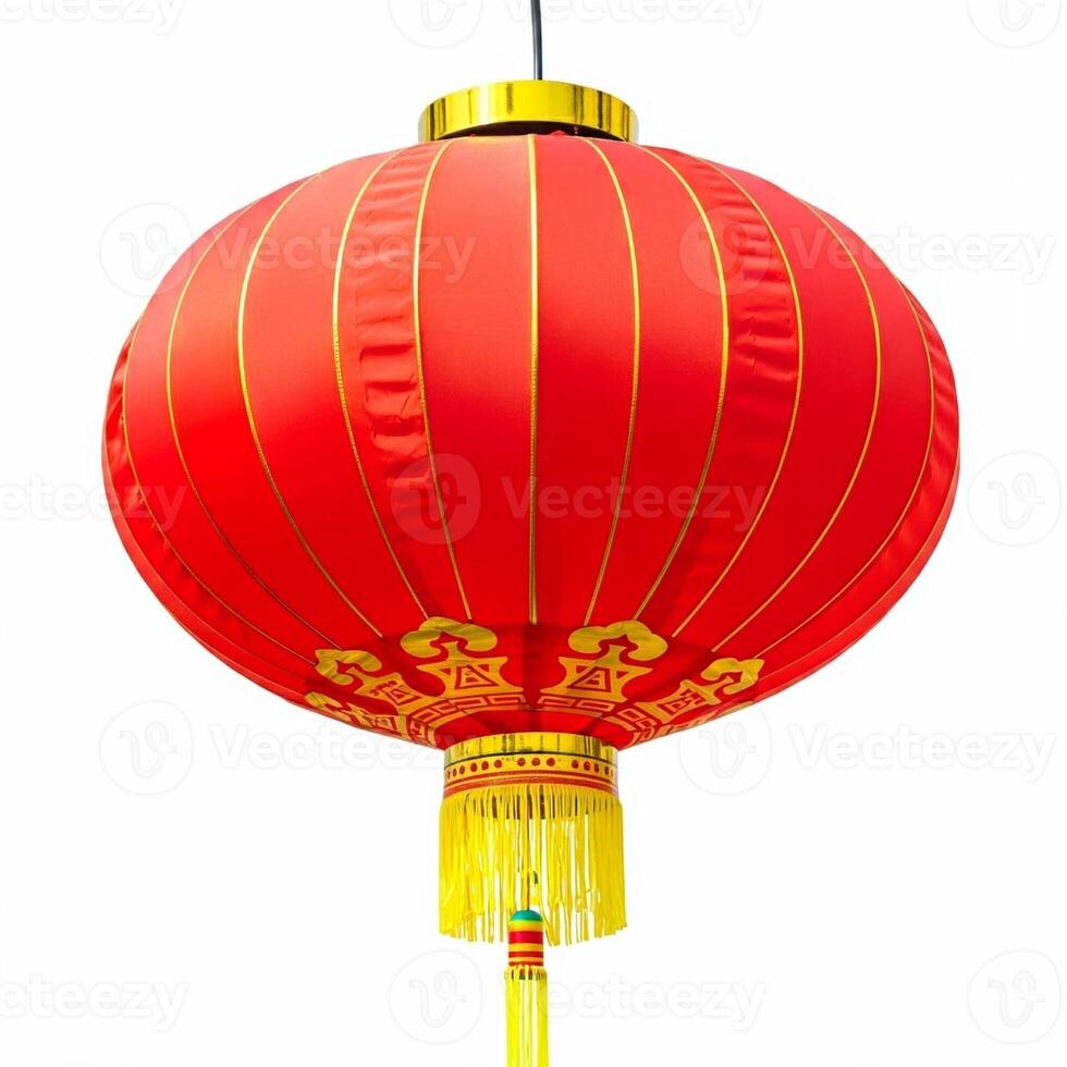 A red chinese lantern hanging from a white background photo