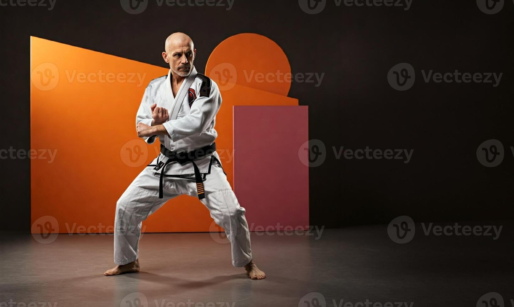A man in karate gear is posing for the camera photo