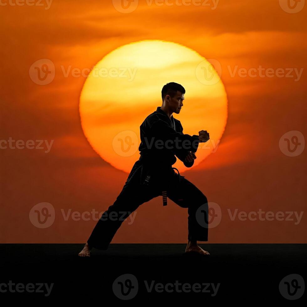 A man in karate stance with the sun setting behind him photo