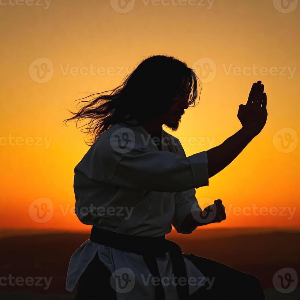 A man in karate gear practicing at sunset photo