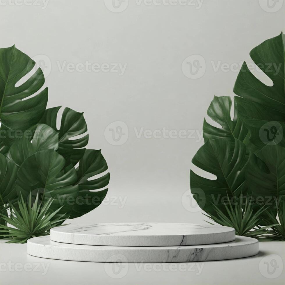 A white marble pedestal surrounded by green plants photo