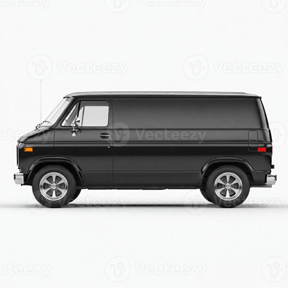 A black van is shown against a white background photo