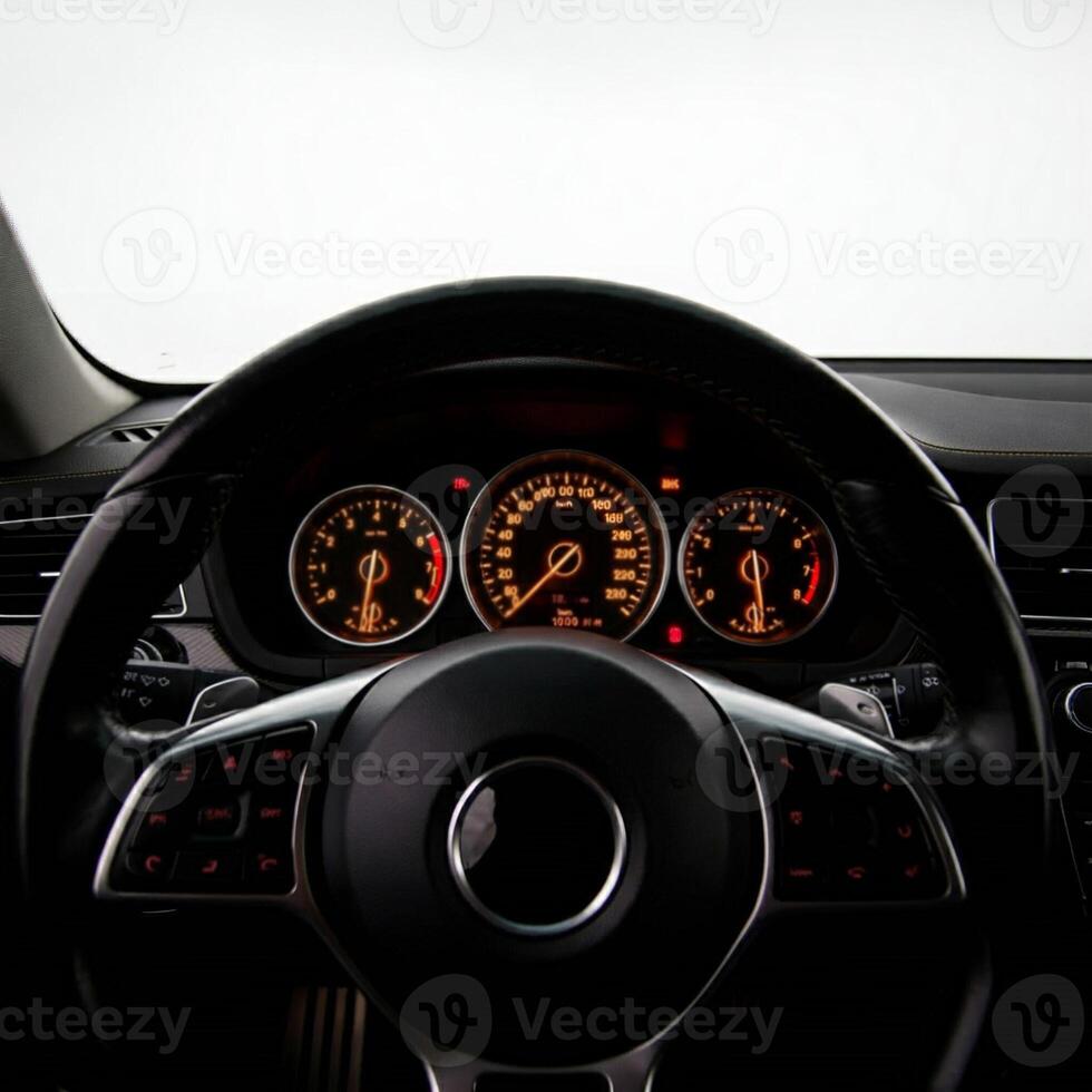 The dashboard of a car with gauges and speedometer photo