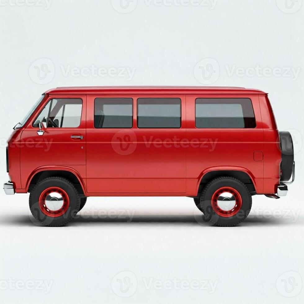 A red van is shown in a white background photo