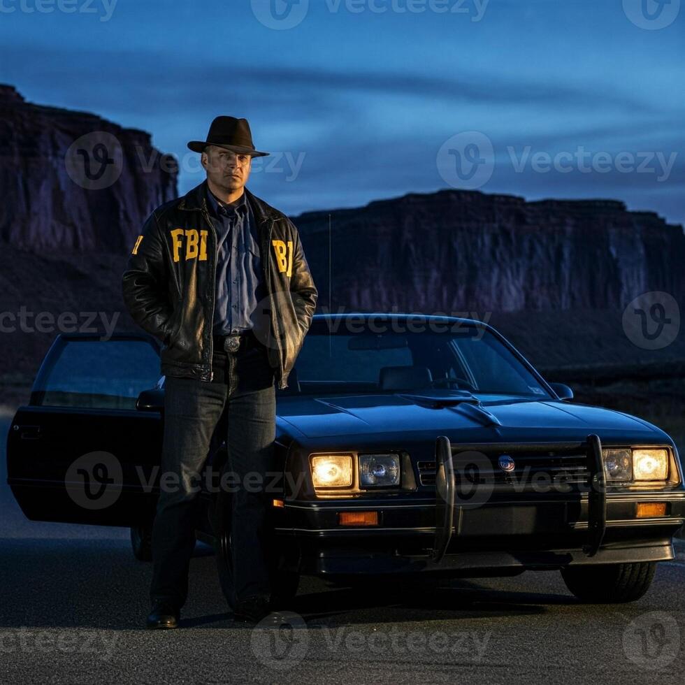 A man in a hat and jacket standing next to a car photo