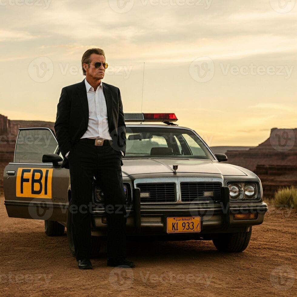 A man in a suit standing next to a police car photo
