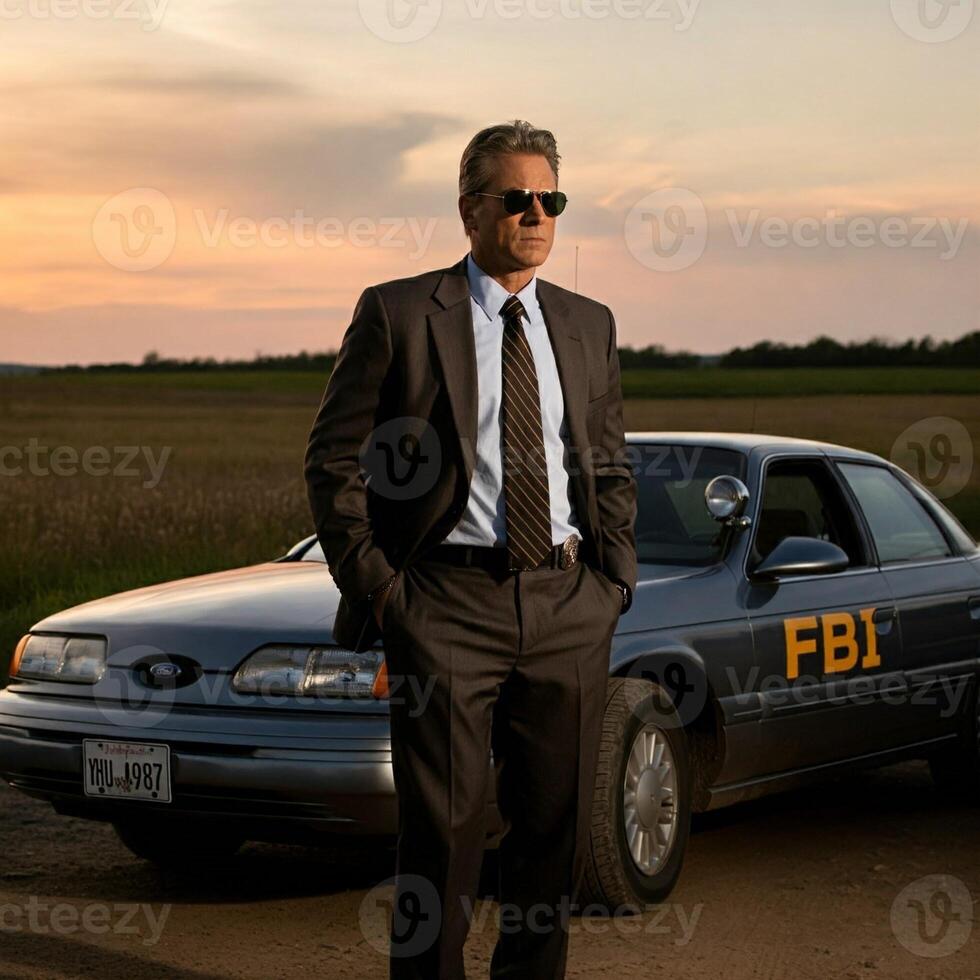 A man in a suit and tie standing next to a police car photo