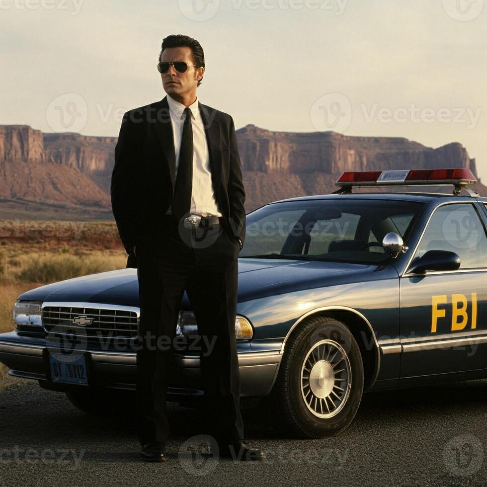 A man in a suit standing next to a police car photo