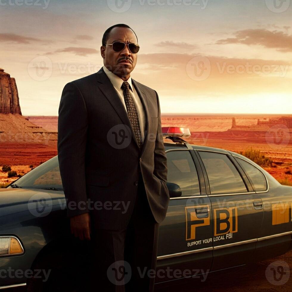 The fbi agent in the poster is standing next to a police car photo