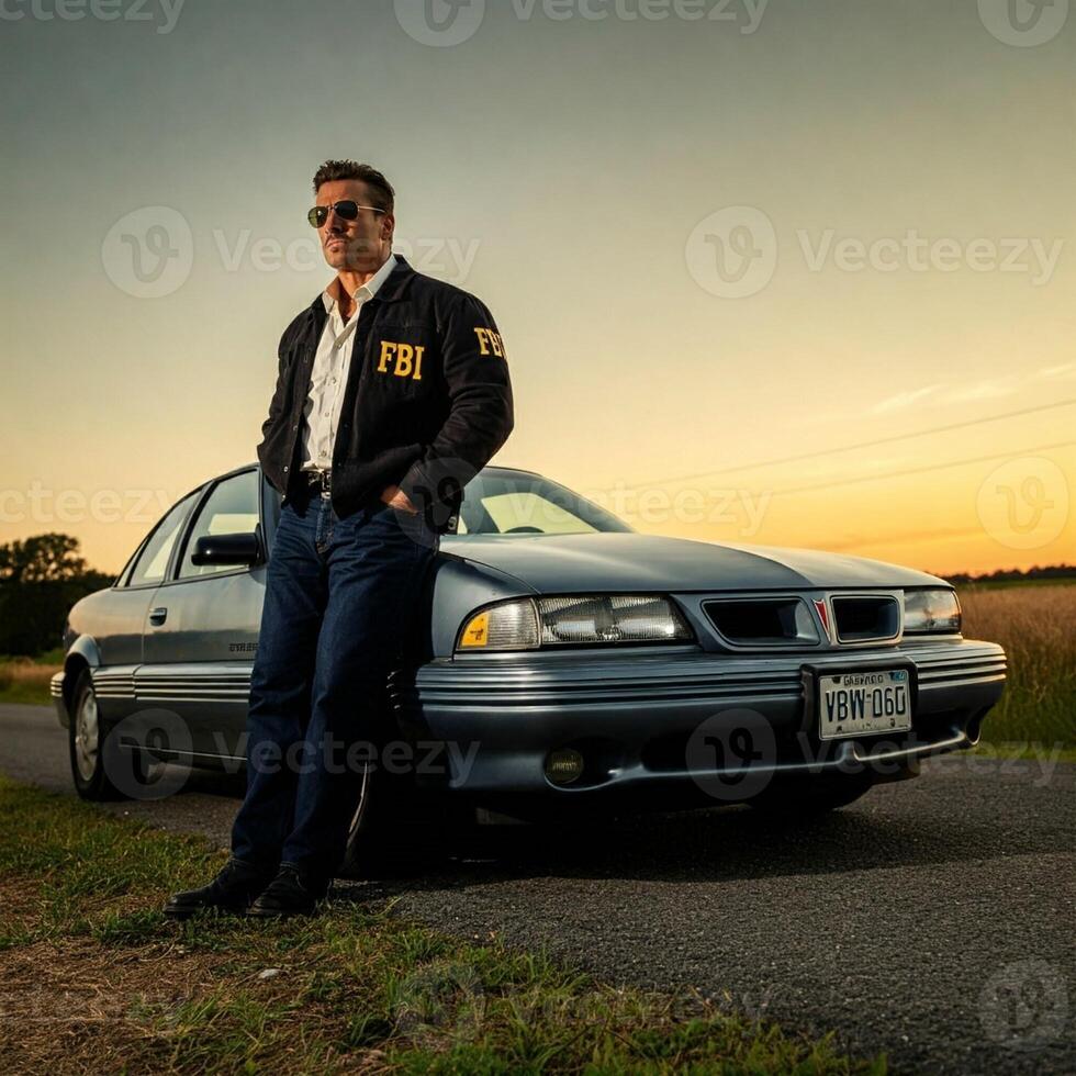 A man in sunglasses standing next to a car photo