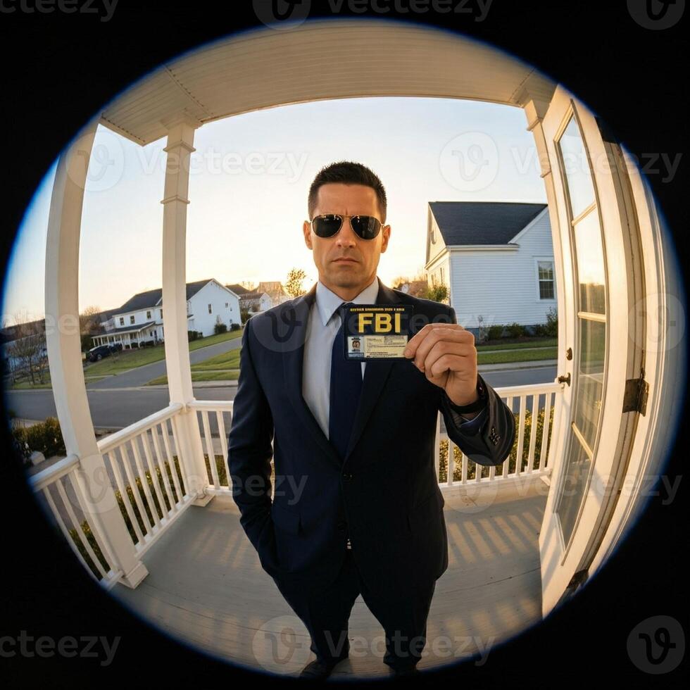A man in a suit and sunglasses holding a fbi badge photo
