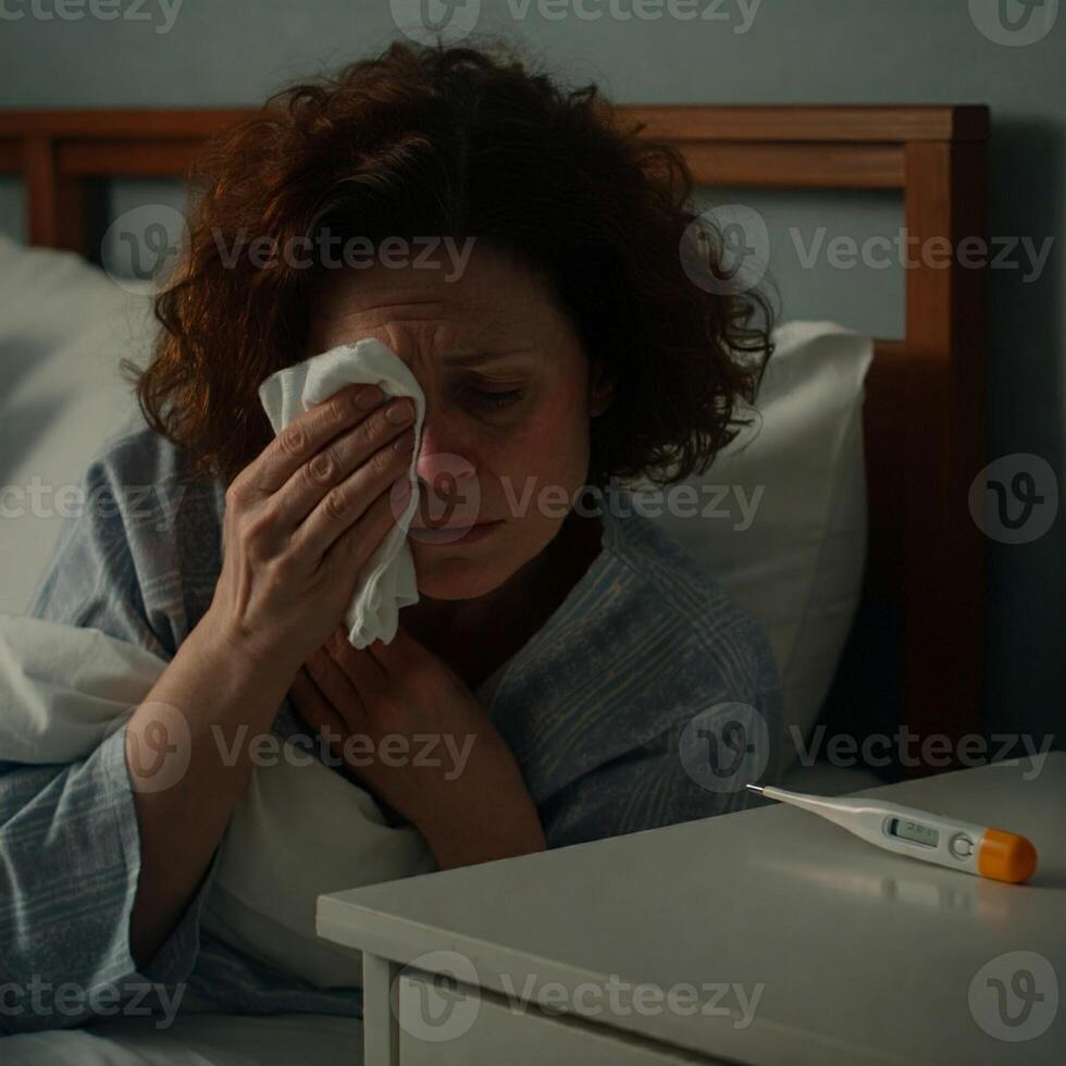 A woman in bed with a thermometer and a tissue photo