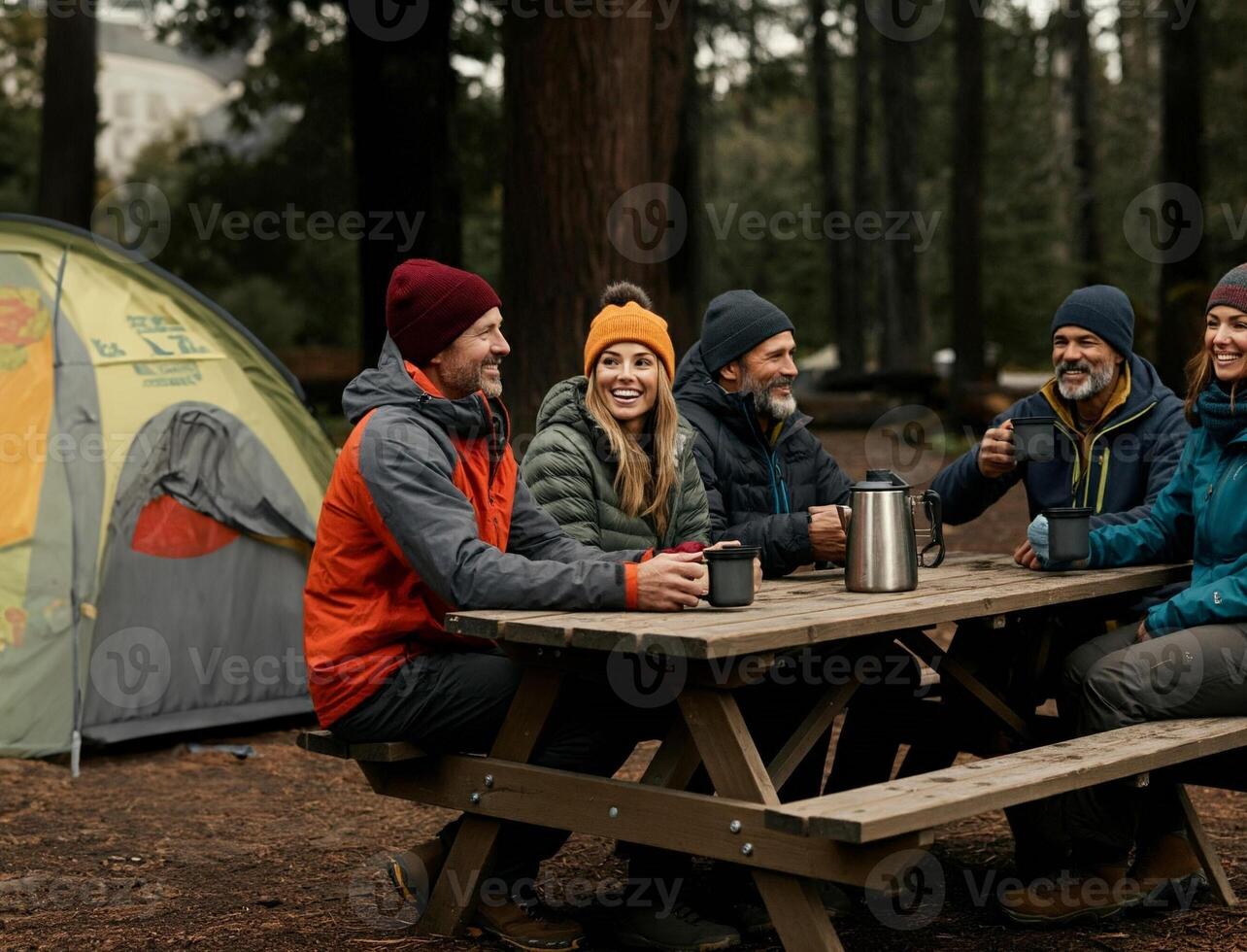 A group of people sitting at a picnic table in the woods photo