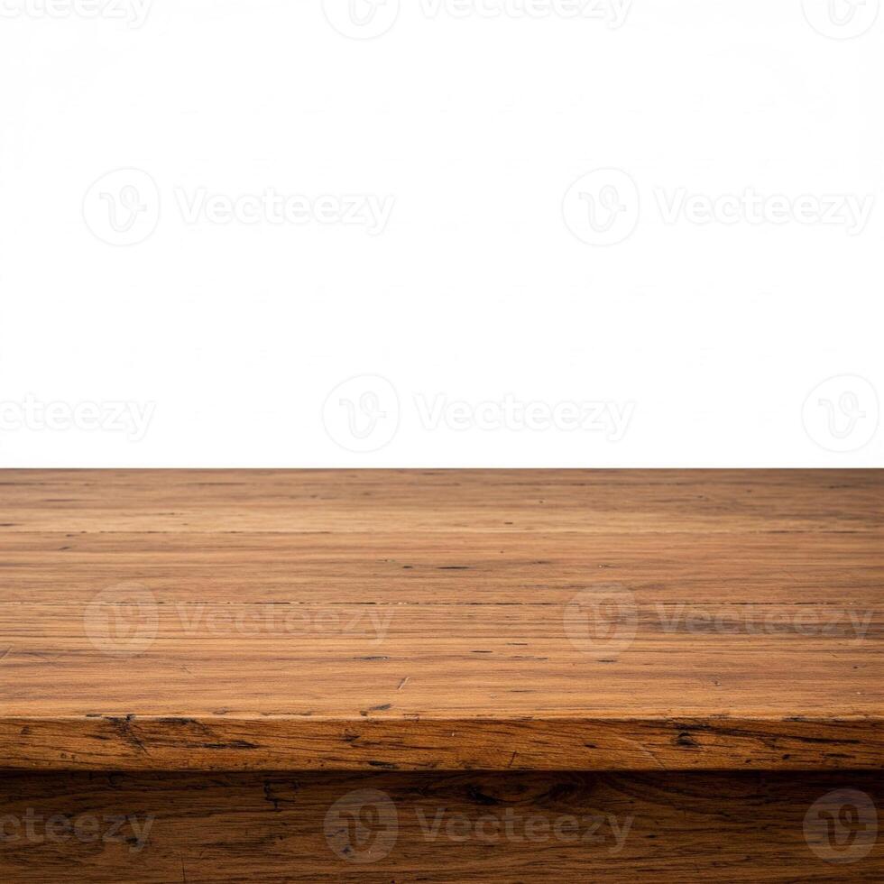 close up of oak wooden table top on white background photo