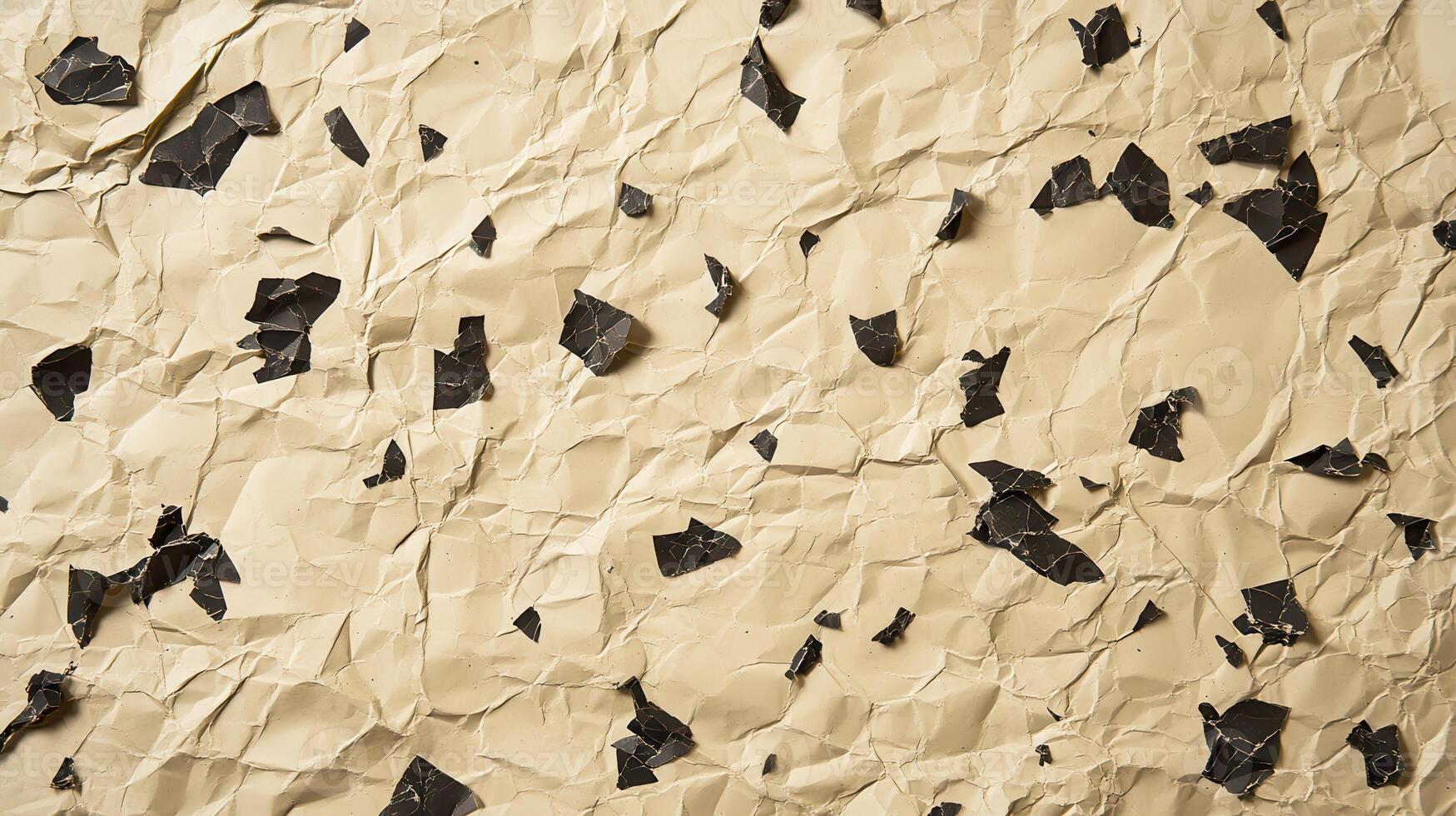 Crumpled beige paper, black scraps, textured background, design element photo