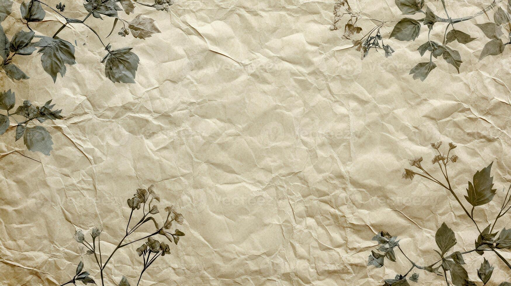 Crumpled beige paper, floral frame, vintage texture, background design, invitation photo