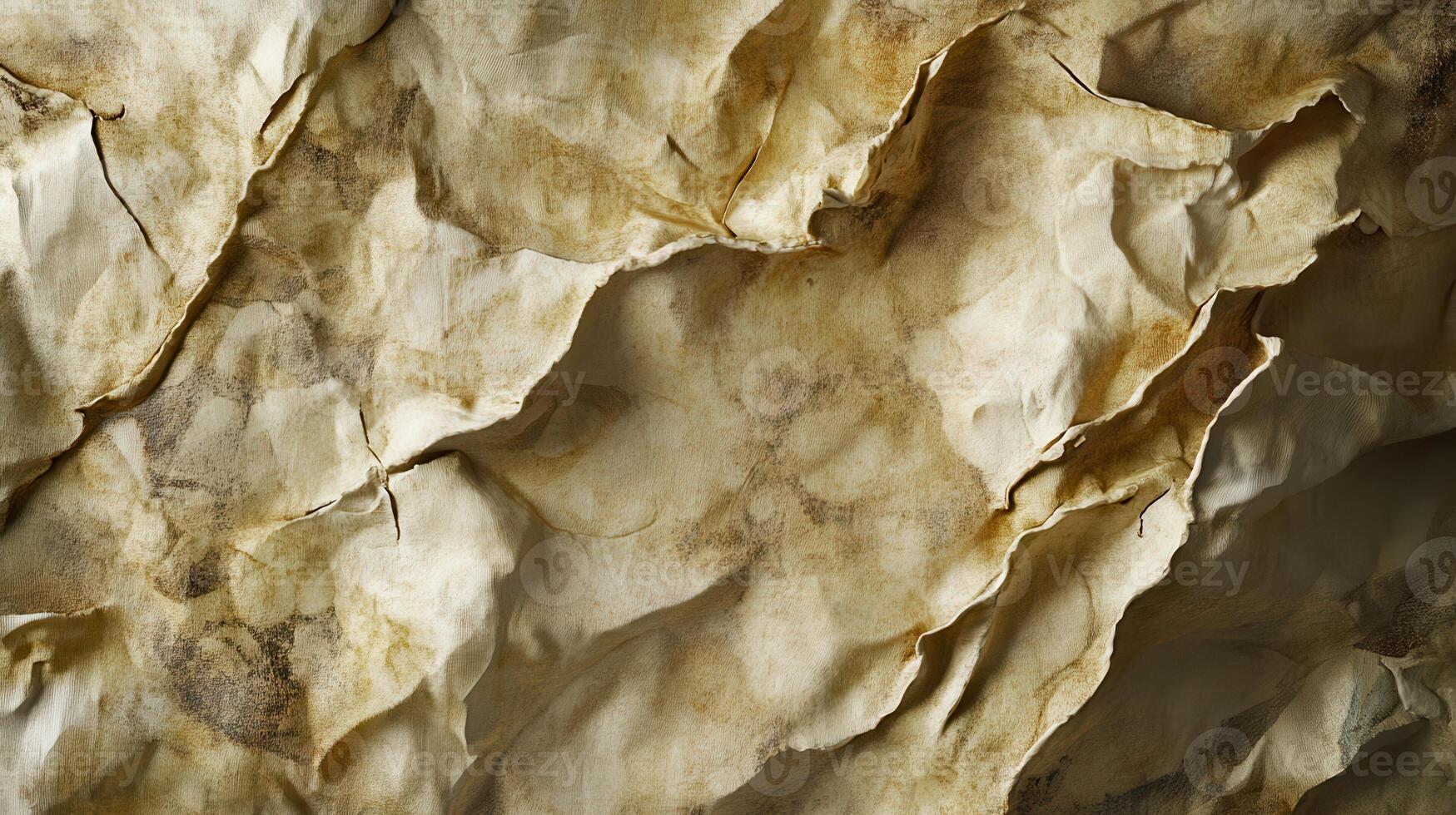 Crumpled aged parchment texture background photo