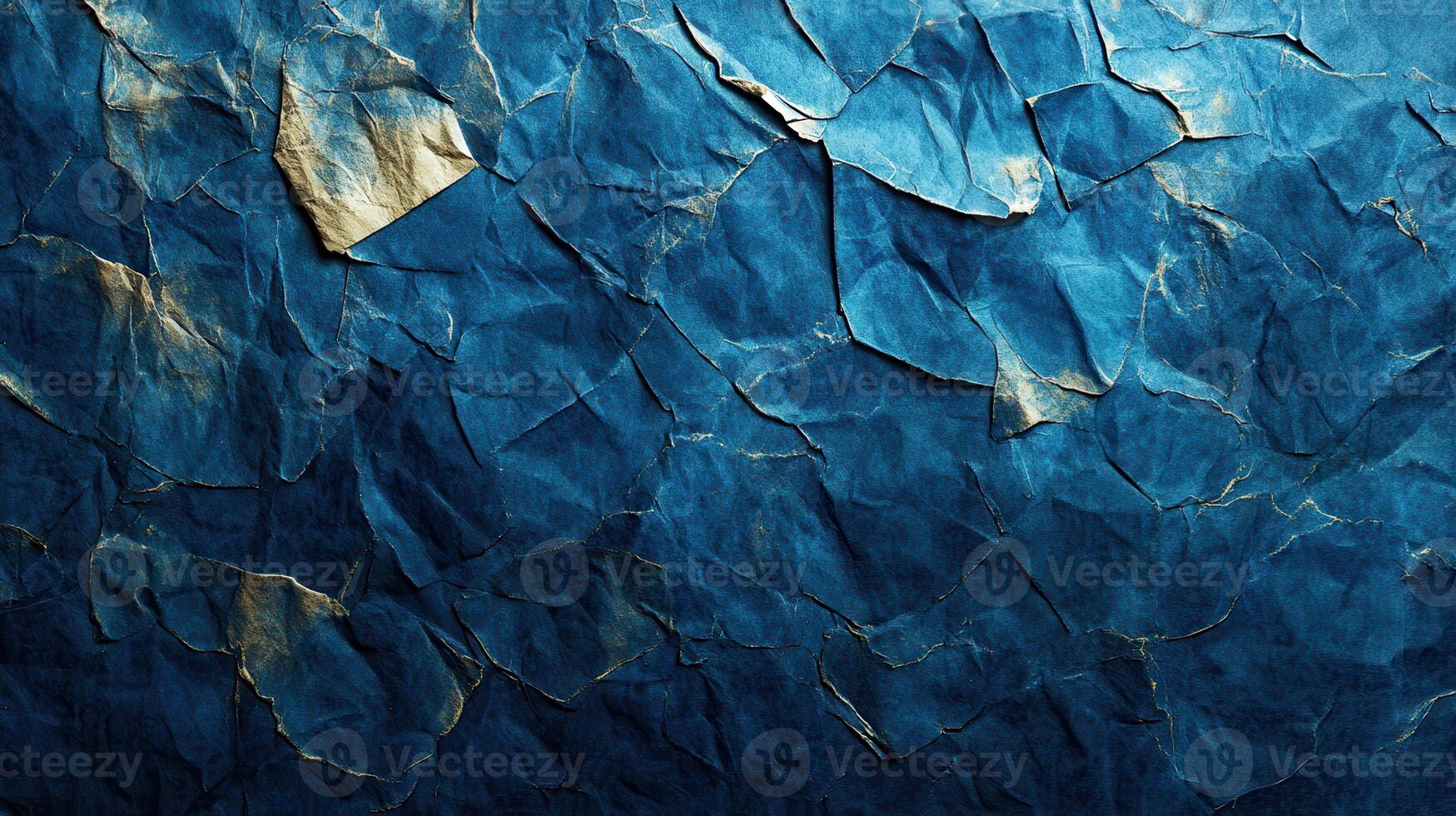 Crumpled blue paper texture, gold highlights, background, design photo