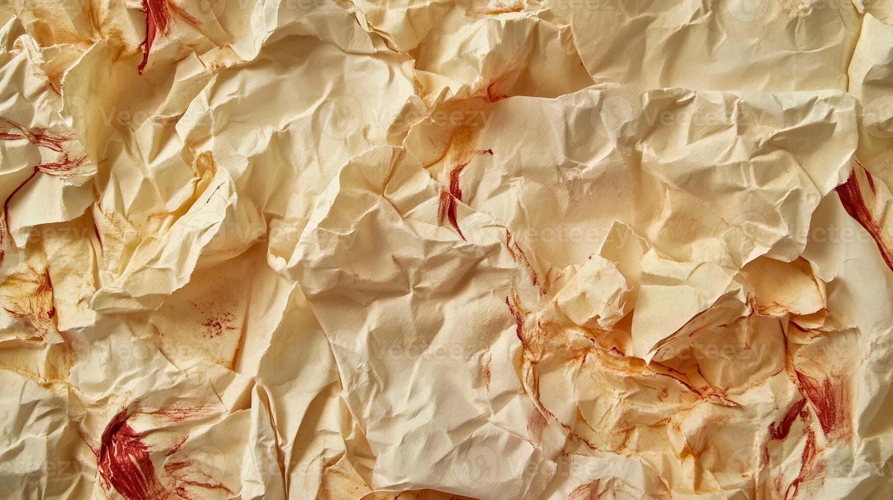 Crumpled beige paper texture with red ink splatters, studio shot photo