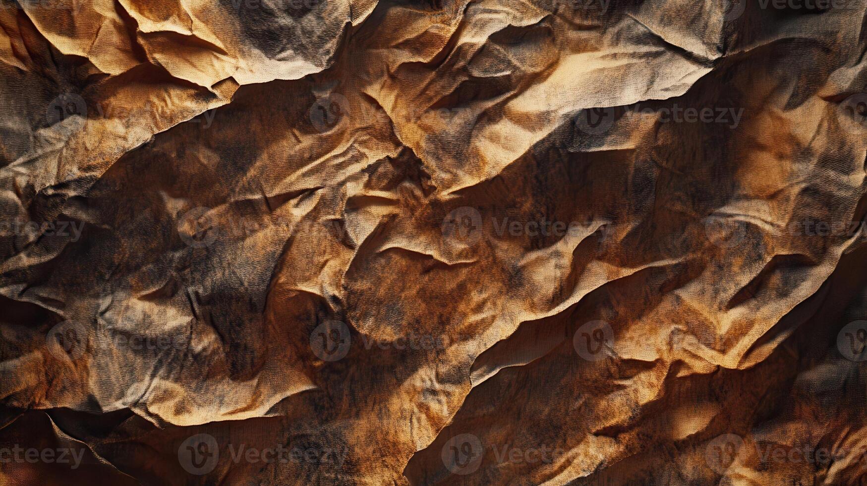 Crumpled brown paper texture, dramatic lighting, background blur, design element photo