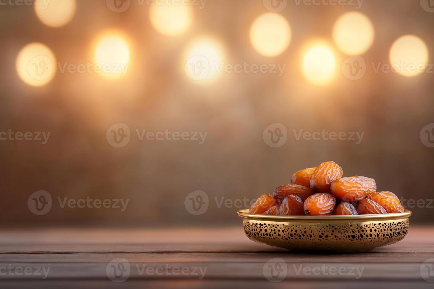 Dates in decorative bowl, blurred bokeh background. Possible use Stock photo for food, Ramadan, or Middle Eastern themes
