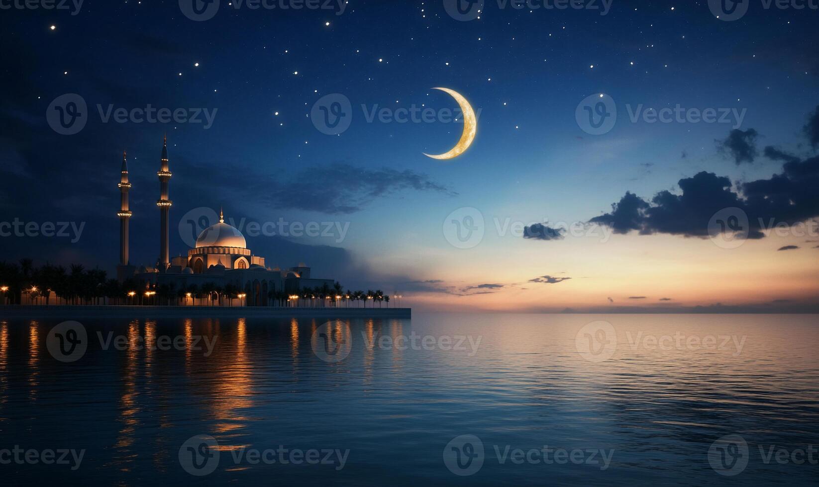 Mosque at night, crescent moon, tranquil scene, twilight photo