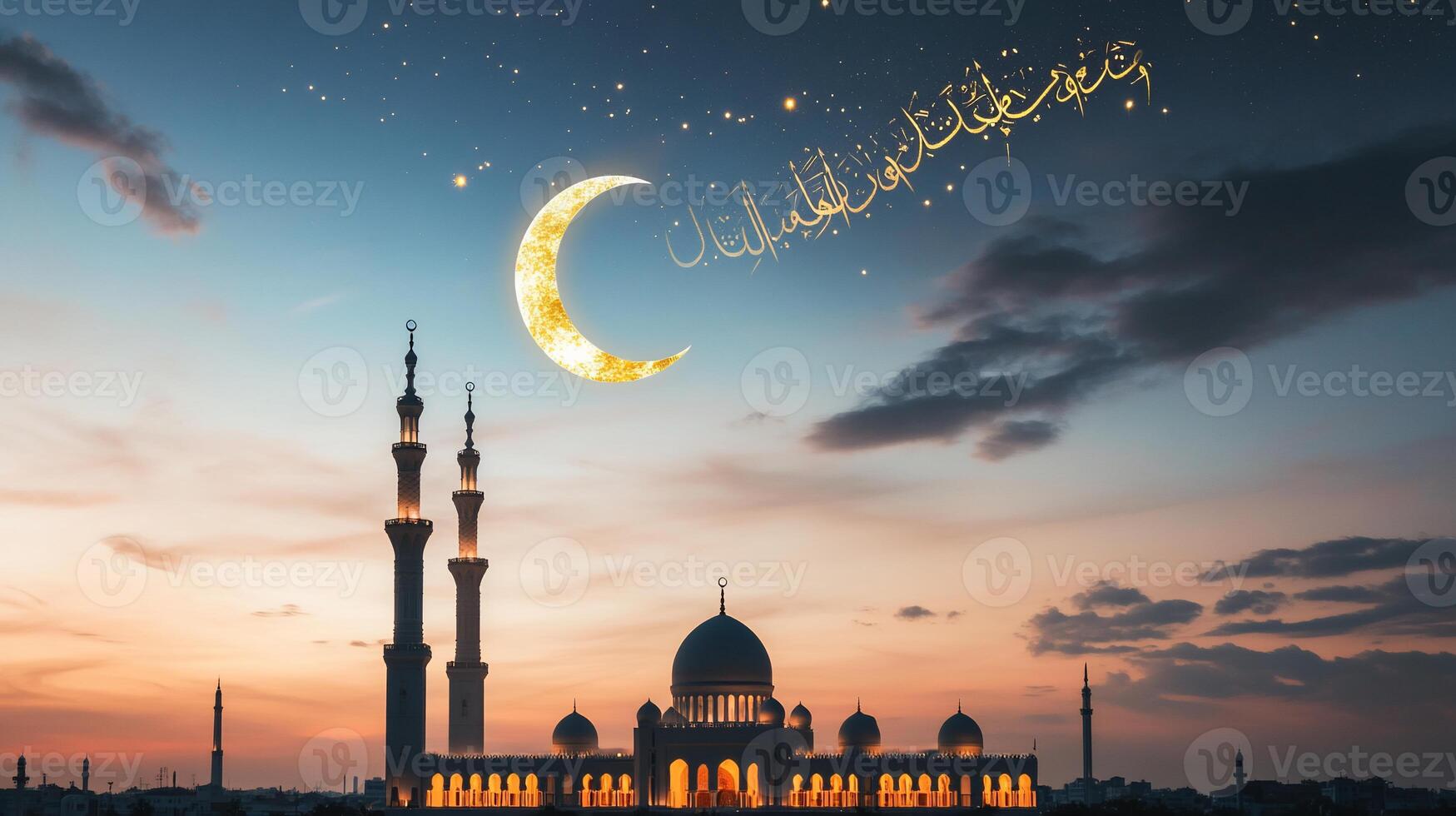 Crescent moon over mosque at twilight photo