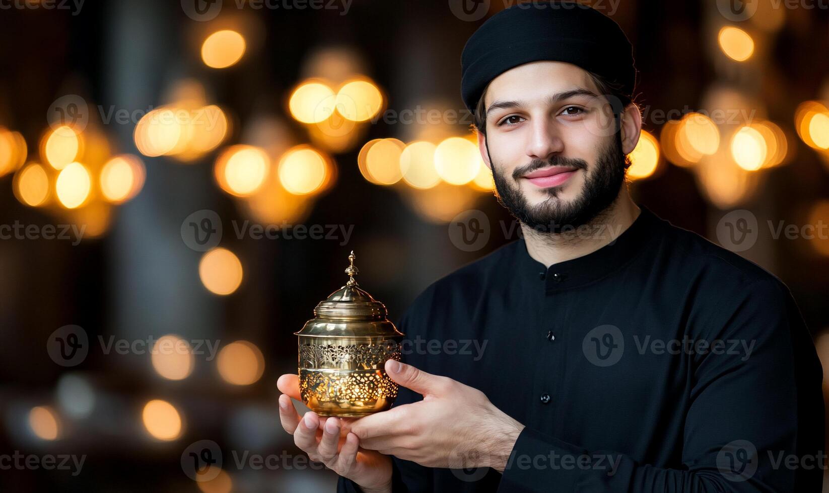 Man holding ornate container, festive background, potential use religious celebration stock photo