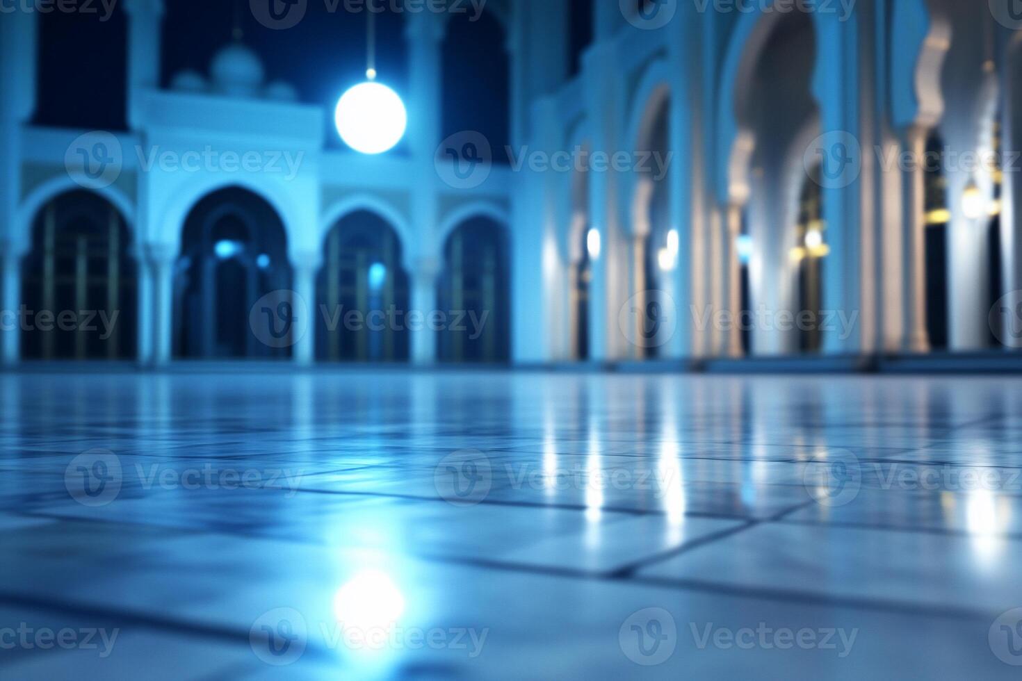 Mosque interior at night, tranquil atmosphere, architectural details photo