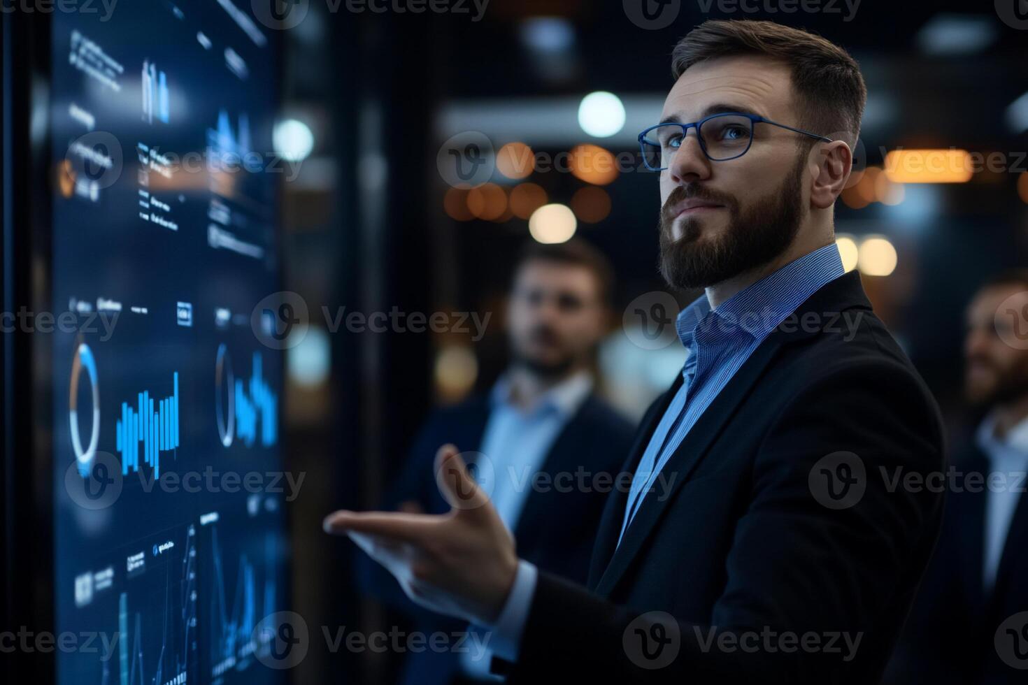Businessman presenting data on large screen in modern office photo