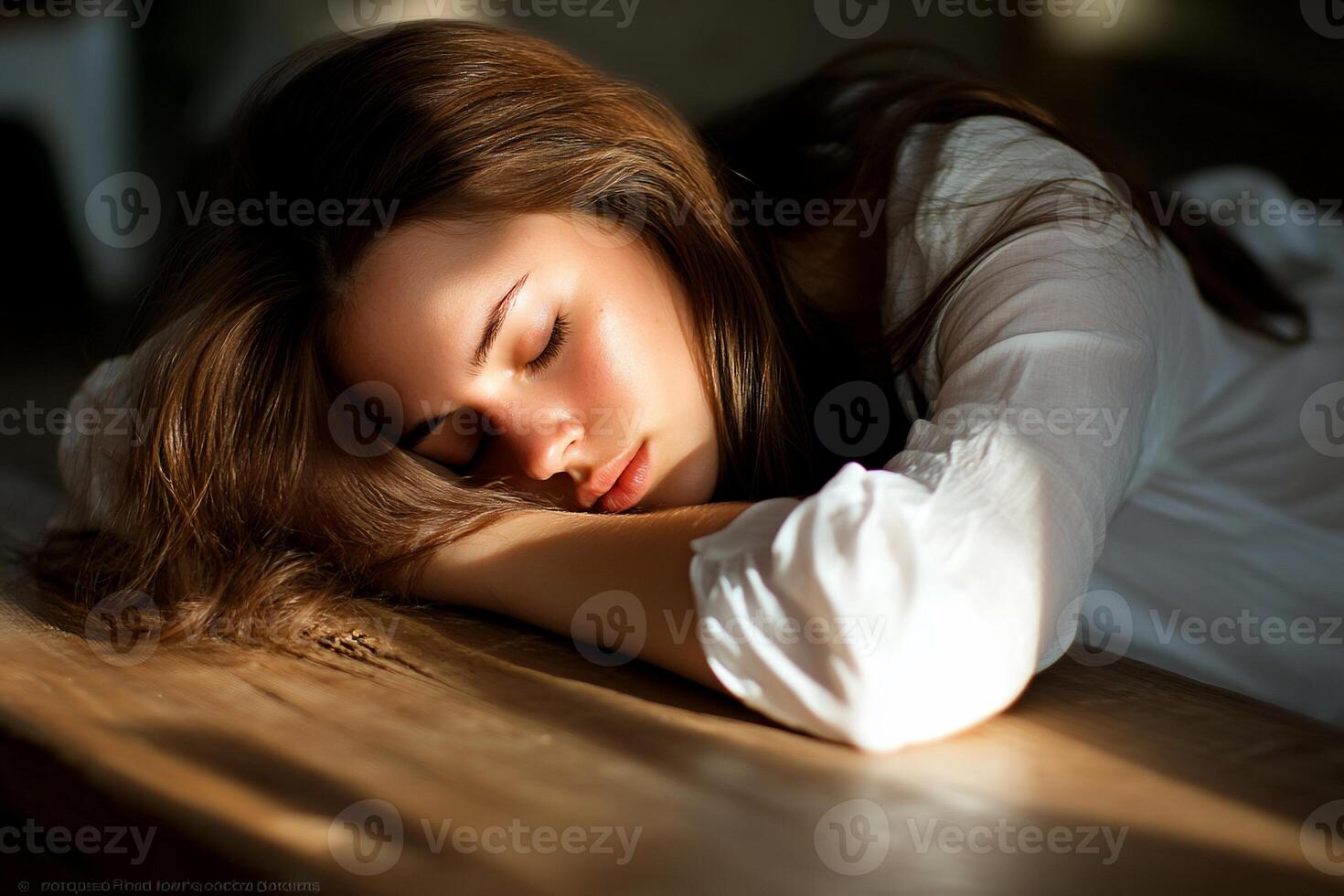 Woman Sleeping on Wooden Floor, Sunlight, Peaceful Scene, for Desktop Use photo