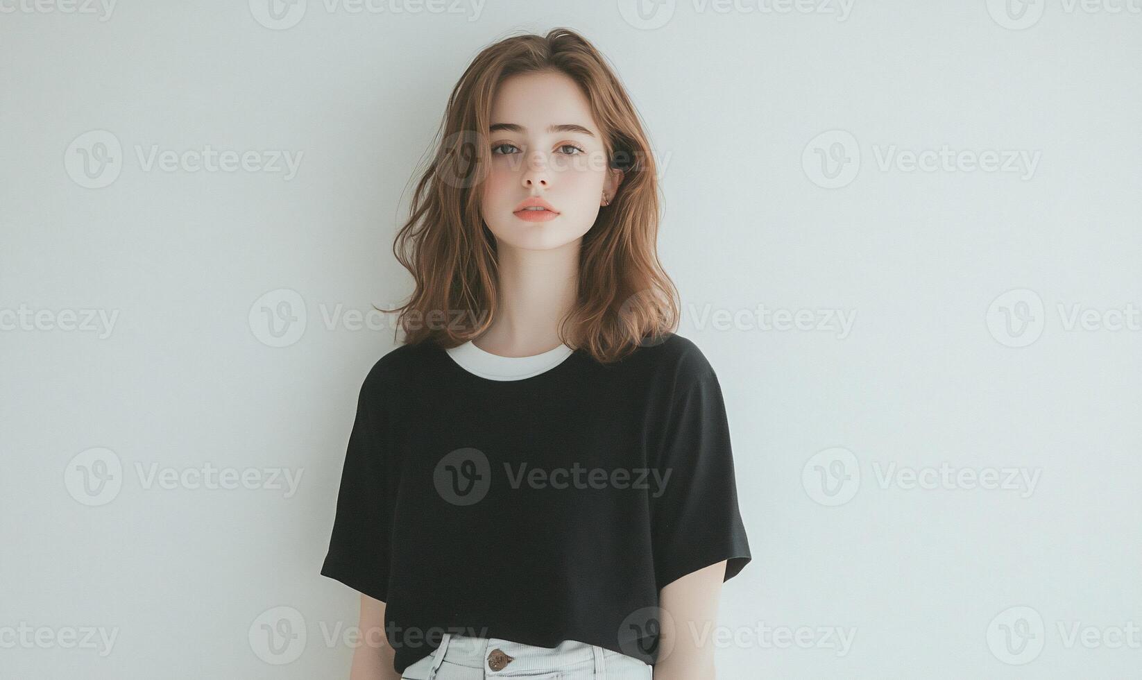 A young woman in a black shirt and white shorts photo
