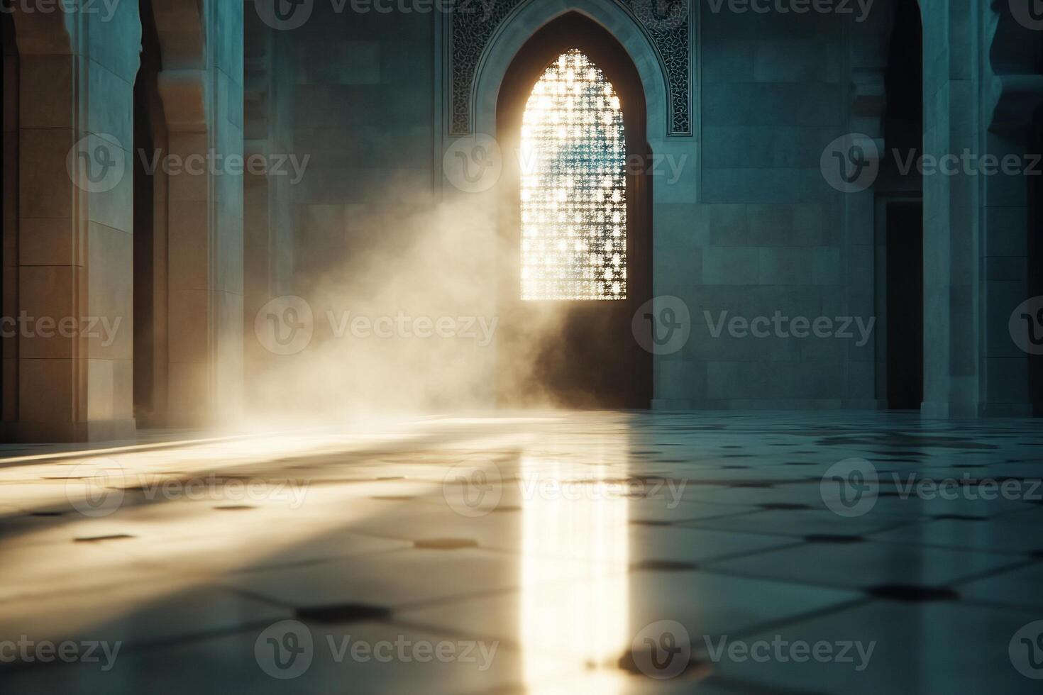 Sunlit Mosque Interior Peaceful dawn light streams through an arched window, illuminating the marble floor. Use Meditation, peace photo