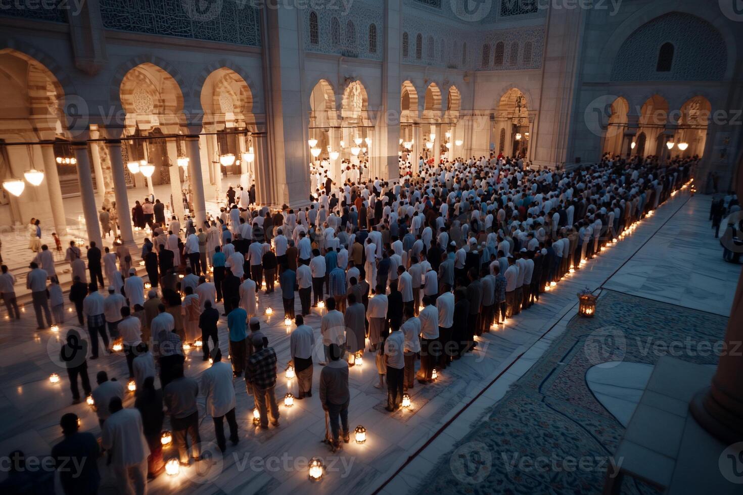 Night prayer, mosque courtyard, candlelight, community gathering, religious event photo