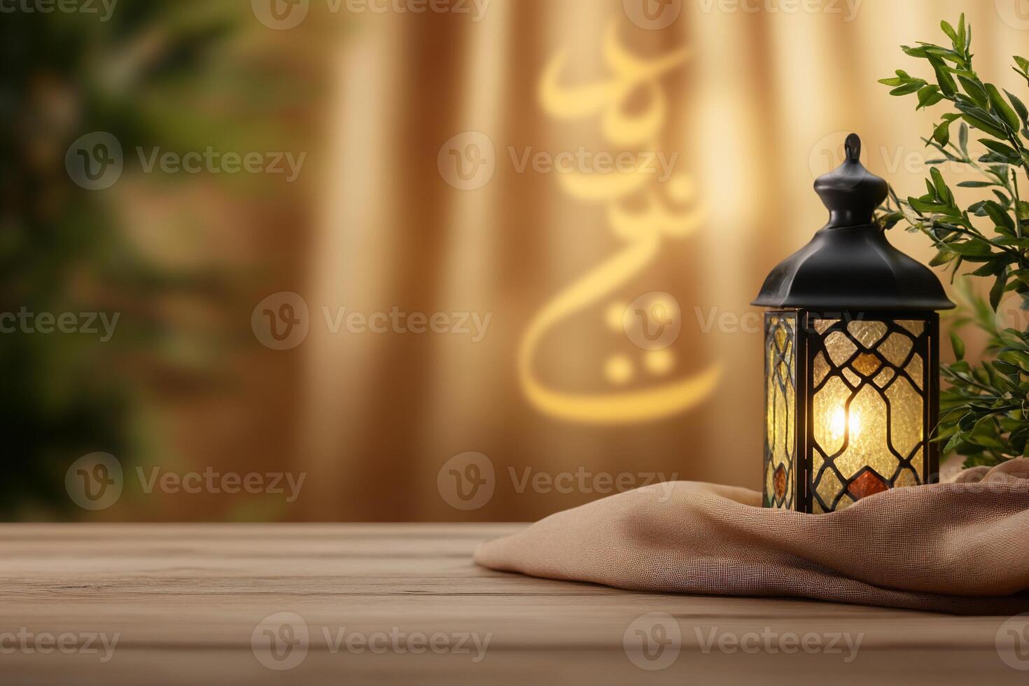 Illuminated lantern on wooden table, Eid celebration backdrop photo
