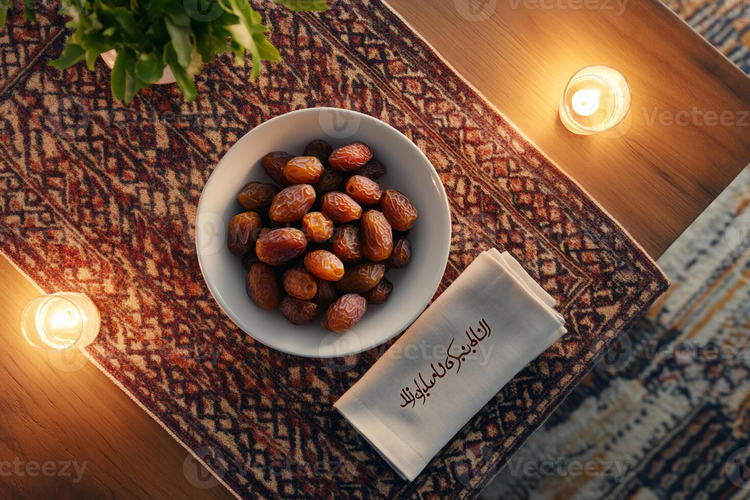 Dates in bowl, dinner setting, warm lighting photo