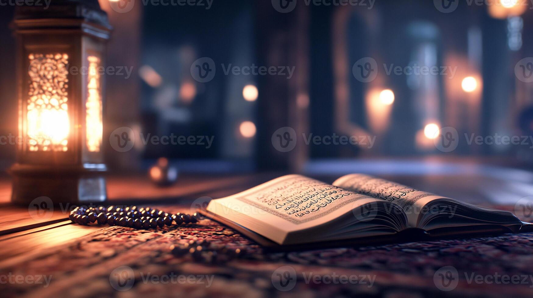 Quran open on rug, lantern and beads, mosque background, Ramadan photo
